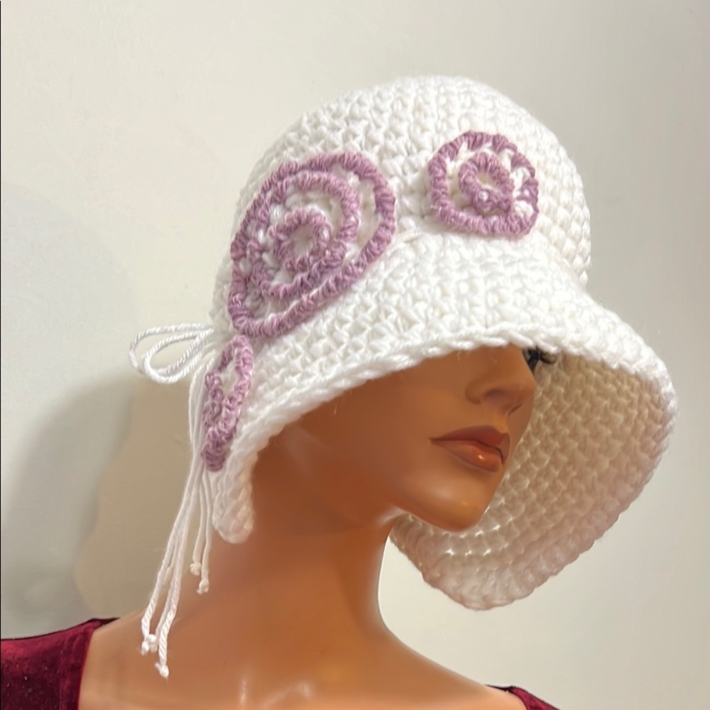 White Crochet Sun Hat with Lavender Accents